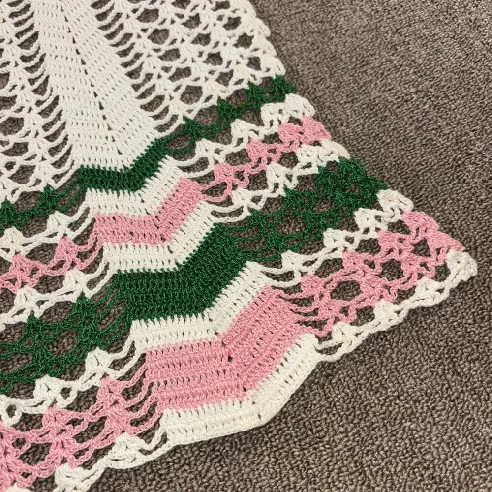 Vintage Crochet Apron Pink Green White Handmade 1970s
